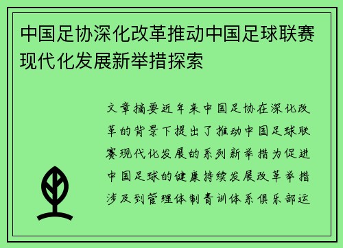 中国足协深化改革推动中国足球联赛现代化发展新举措探索