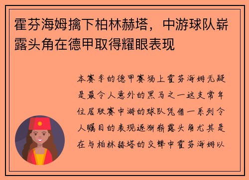 霍芬海姆擒下柏林赫塔，中游球队崭露头角在德甲取得耀眼表现