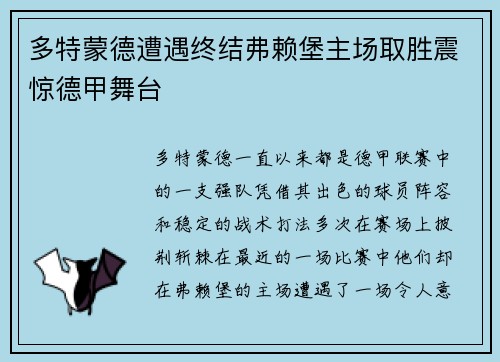 多特蒙德遭遇终结弗赖堡主场取胜震惊德甲舞台