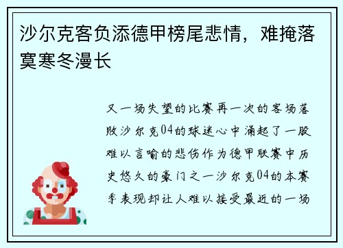 沙尔克客负添德甲榜尾悲情，难掩落寞寒冬漫长