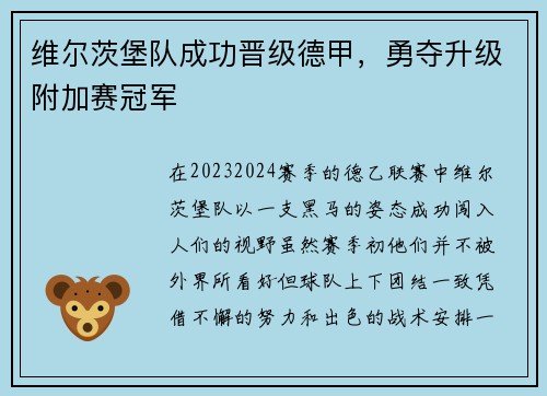 维尔茨堡队成功晋级德甲，勇夺升级附加赛冠军