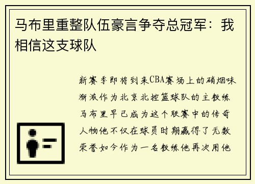 马布里重整队伍豪言争夺总冠军：我相信这支球队